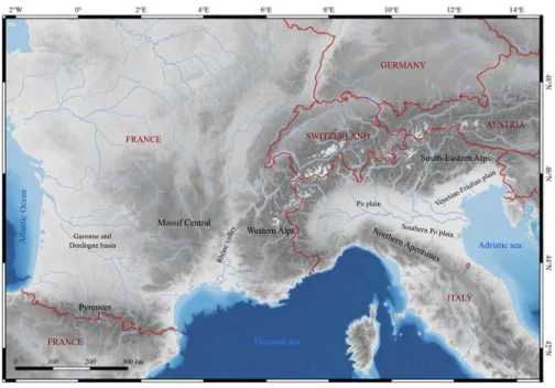 Figure 1.1: Geographical overview on Southern France and North-Eastern Italy.