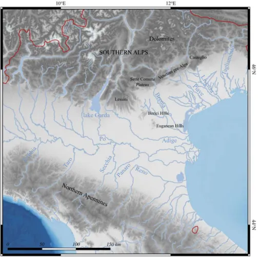 Figure 1.5: Main geographical features of North-Eastern Italy with particular reference to Veneto and Emilia-Romagna.