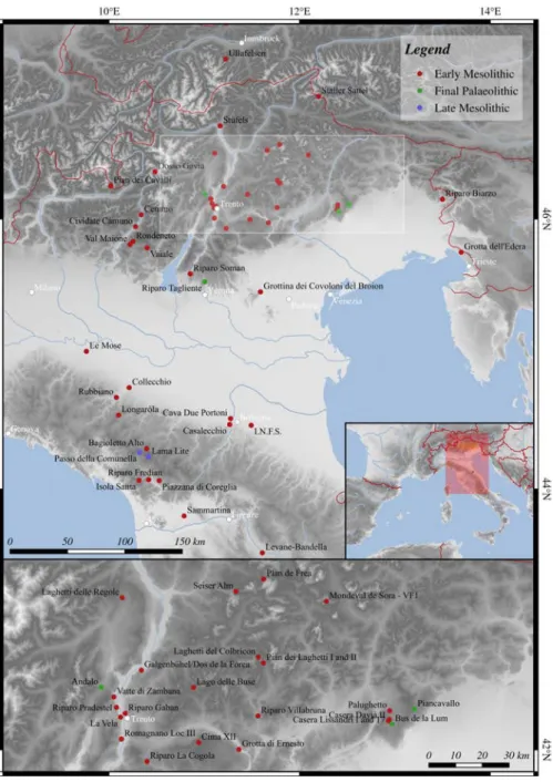 Figure 2.15: North-eastern and central Italy. Location of the mentioned sites.