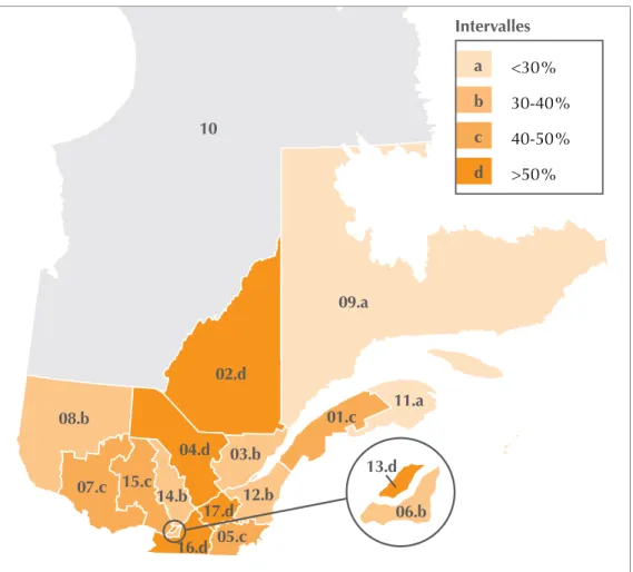 Graphique 10 : Fréquences régionales des intentions de se lancer en affaires dans les trois   prochaines années – Québec (avril 2015)
