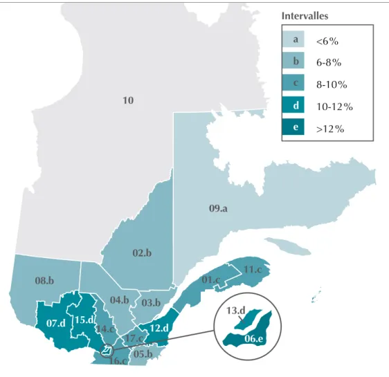 Graphique 11 : Fréquences régionales des démarches en vue de se lancer en affaires – Québec  (avril 2015)