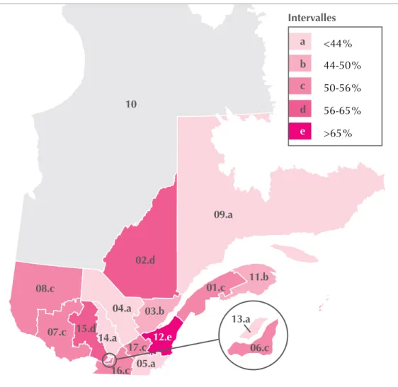 Graphique 12 : Fréquences régionales des rapports entre le taux des démarches et celui des   intentions – Québec (avril 2015)