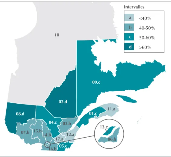 Graphique 15 : Fréquences régionales des personnes se trouvant en étape de démarches et ayant  déjà sollicité l’aide d’organismes gouvernementaux – Québec (avril 2015)