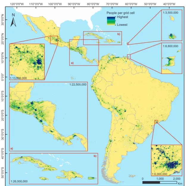 Figure 3. Estimated people per grid cell for Latin America and the Caribbean in 2010 (excluding Guadalupe, Martinique, Bahamas, Barbados, Saint Lucia, Curaçao, Aruba, Saint Vincent and The Grenadines, US and British Virgin Islands, Grenada, Dominica, Cayma