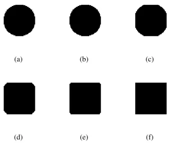 Fig. 2. (a) Source Image. (b) - (e) Geodesic Dilation. (f) Target Image. Recall that MM operators act by changing the structure of the set