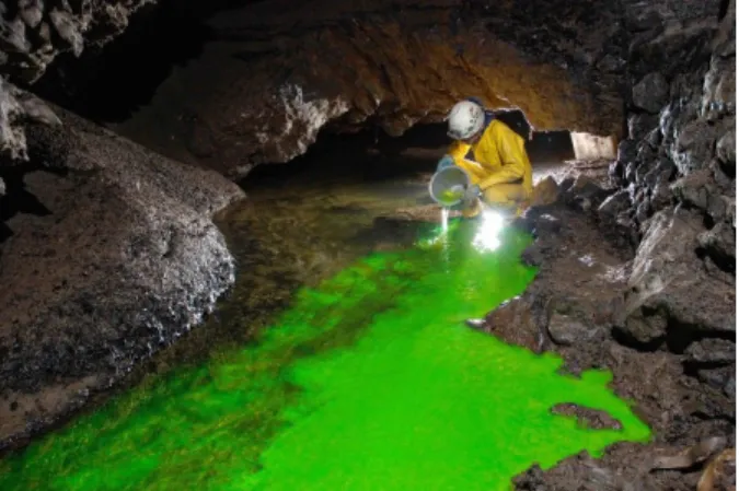 Figure 2. Uranine injection in the Lorette cave  river during low water conditions.