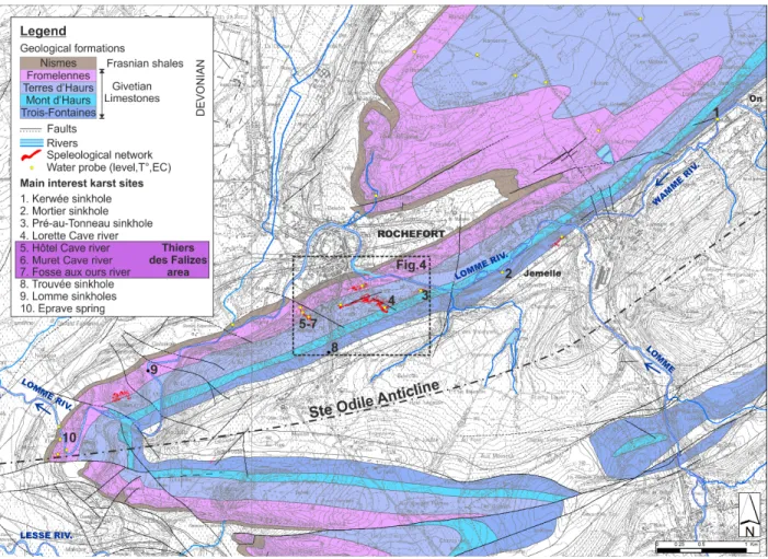 Figure 3. Geological map of the Lomme karst System with the main Givetian limestone  formations, speleological networks, water probes and main interest karst sites for the  hydrogeological study and tracer test experiments (geological background : Barchy e