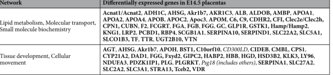 Table 4.  Identified networks with differentially expressed genes in E14.5 placentas. Bold-faced genes: positively  differentially expressed genes in Sprn0/0 placentas