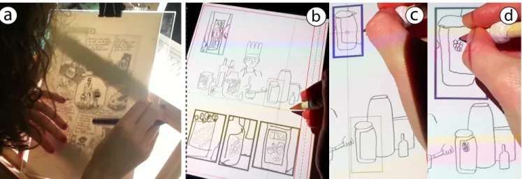 Figure 1. (a) An artist works on layers of physical paper with a home-made light table