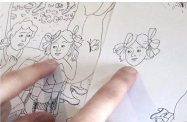 Figure 3. Drawing technique used by E for a comic book. Sketches cre- cre-ated on the computer (left) are printed in blue