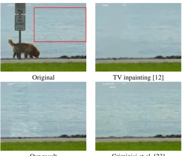 Fig. 2. Examples of microtexture inpainting. Here, a Gaussian texture model was estimated on the masked exemplar (middle  col-umn) in the red rectangle, and conditionally sampled to get the  in-painted texture (right column)