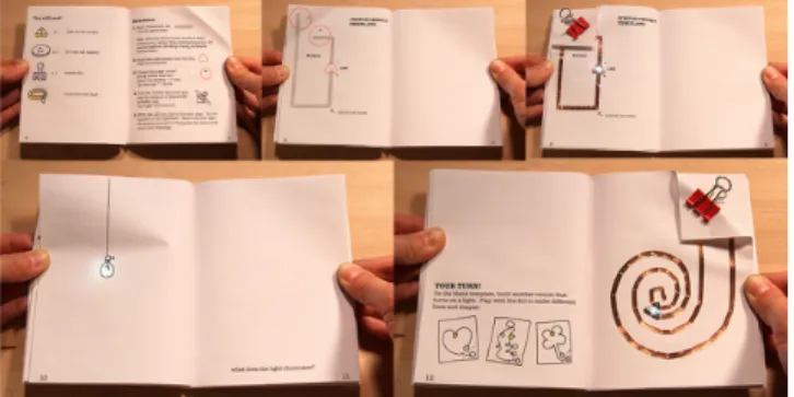 graphic transforms an abstract light into the light bulb shining in  an open space.  Each page after a circuit template is a pre-drawn  graphic  to  suggest  the  scene,  but  that  is  also  open-ended  and  incomplete