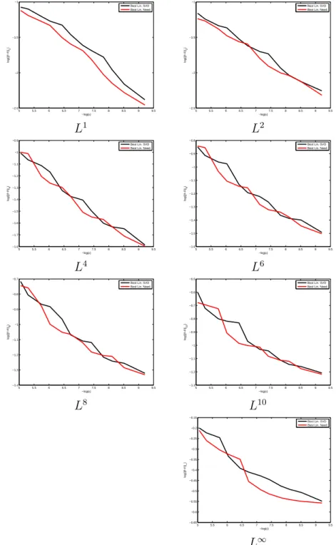 Figure 4: Error decay in the white noise model: the red curve corresponds to the needlet estimator and the black one to the SVD estimator.