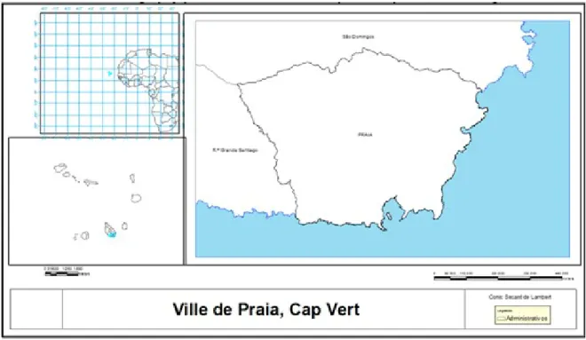Figure   0.1   :   Localisation   de   l’archipel   du   Cap ‐ Vert   et   de   la   ville   de   Praia   sur   l’île   de   Santiago    