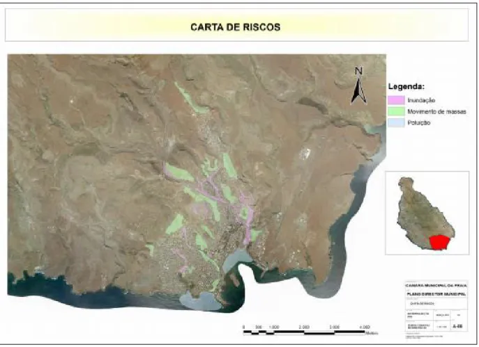 Figure   0.2   :   Carte   des   risques   de   la   ville   de   Praia,   d’après   le   Plan   Directeur   Municipal   (PDM)  
