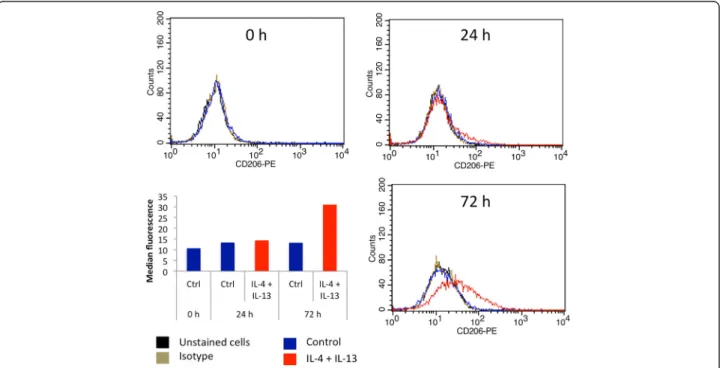 Fig. 5 Cell surface CD206 expression by M2 macrophages. THP-1 macrophages were incubated during 24 or 72 h with control medium with or without IL-4 and IL-13