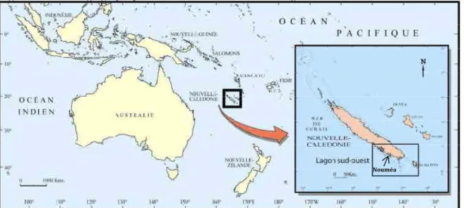 Figure 2. Situation géographique de la Nouvelle-Calédonie, du Lagon Sud-ouest et de Nouméa