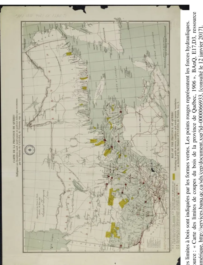 Figure 5 :   Carte des limites de coupes du bois de la province de Québec, 1906. 