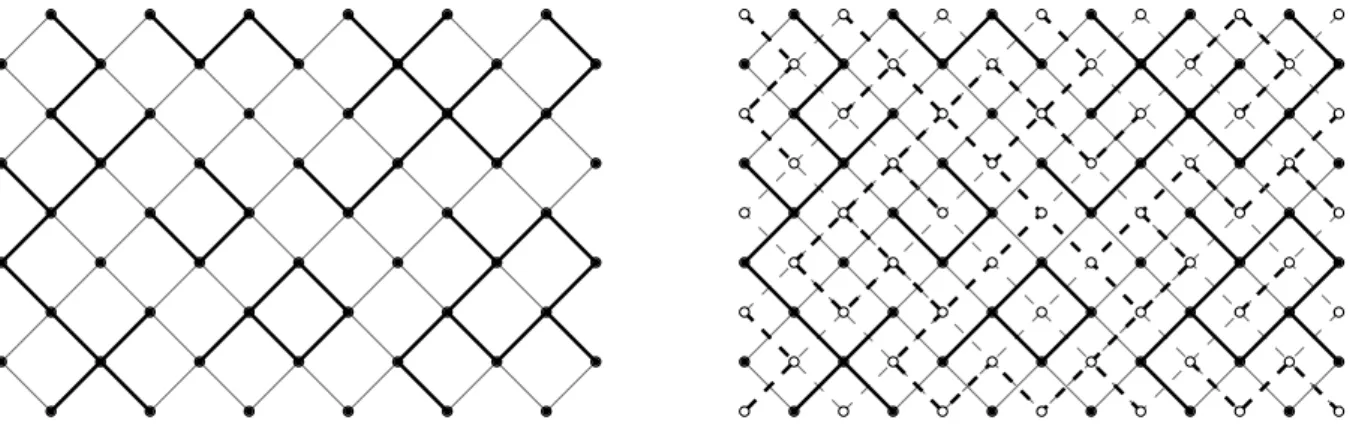 Figure 1: Left: Example of a configuration on the rotated lattice. Right: A configuration together with its dual configuration.