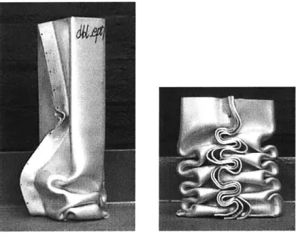 Figure  3.41: Crushing  deformation  of  double  hat  columns. Left:  double-hat  w/o center  plate