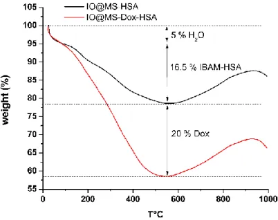 Figure 6. TGA curves of IO@MS-HSA and IO@MS-Dox-HSA NPs 