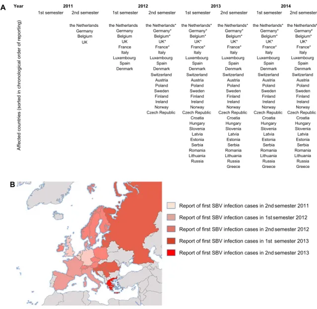 Figure 1 european countries having reported cases of SBV infection in cattle, sheep, or goat herds or having detected antibodies in serum or milk between summer 2011  and late autumn 2014 presented as a cumulative list (A) and  ,  ,  ,  ,  ,   colored on a