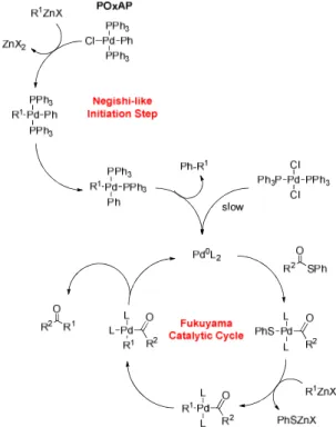 Figure 2. Comparison of the reaction mechanisms involved  where  PdCl 2 (PPh 3 ) 2   and  the  POxAP  PdCl(Ph)(PPh 3 ) 2   are  employed 