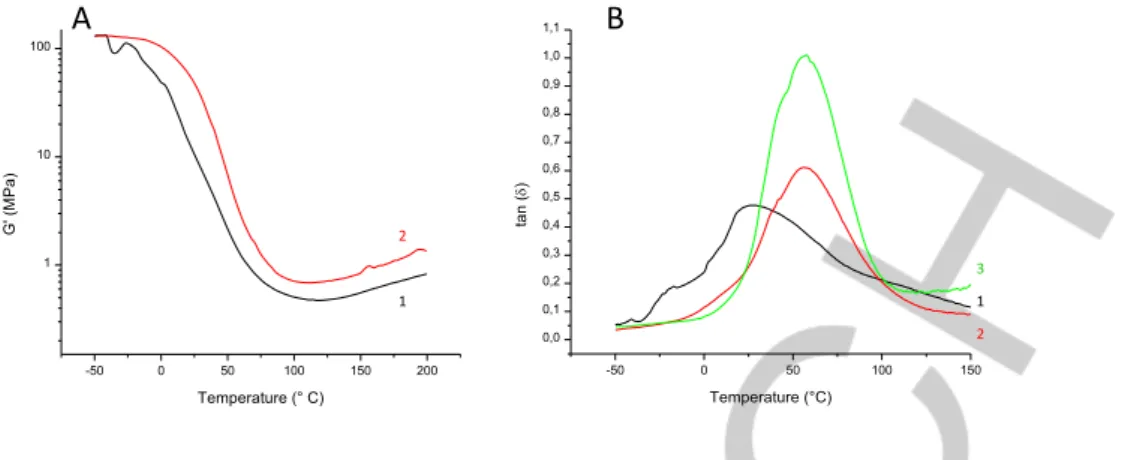 Figure 8. Storage modulus (A) and tan d (B) as a function of temperature for resin 1 polymerization upon LED@405 nm under air with the following PISs: AO/PhSSPh  (0.05/2 wt./wt.%, curves A1 &amp; B1), AO/PhSSPh/DiMeTriaz–BH 3  (0.05/2/2 wt./wt./wt.%, curv