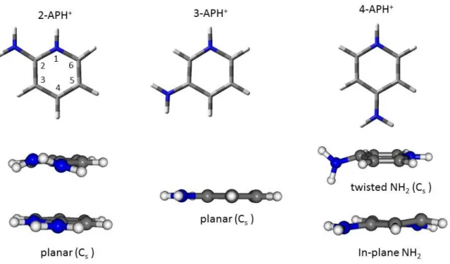 Figure 6: Optimized structures of 2-APH + , 3-APH +  and 4-APH +  in S 0  (top) and S 1  states