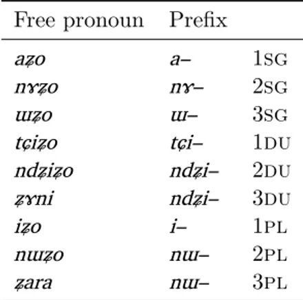 Table 2: Pronouns and possessive preﬁxes in Japhug