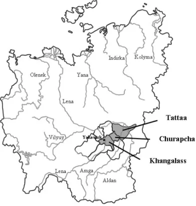 Figure 19 : Localisation des trois ulus de Yakoutie Centrale au sein desquelles les fouilles ont  été réalisées