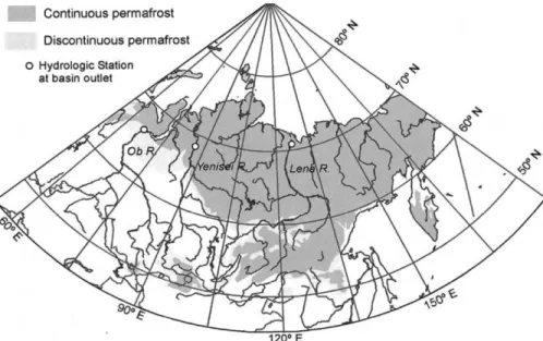 Figure  2 :  Distribution  du  permafrost  continu  et  discontinu  en  Sibérie  (d’après  Yang  et  al.,  2002)