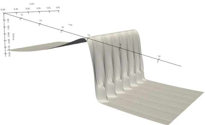 Figure 8: Formation of a transverse structure of the jump toe perimeter consisting of seven waves for the initial data (79) with m = 1 and k = 1