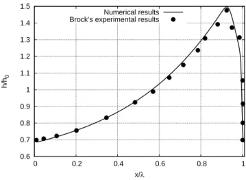 Figure 9: The one-dimensional wave structure is formed in approximately 10 s (solid line) and corresponds to the classical experilmental profile (dotes) measured in [10, 11, 12].
