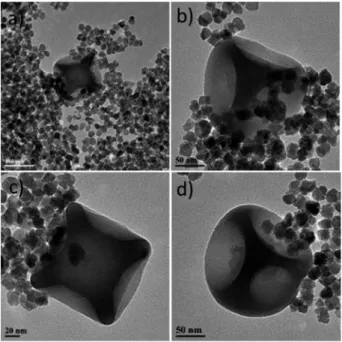 Fig. 5 presents the TEM images of the sample under discussion and it seems that there is only a partial tendency for the attachment of the iron oxide NPs onto the silica dimples