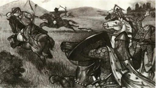 Figure 4. Reconstruction of the fighting style of the mounted archers from  the Hungarian Conquest period (László, 1982)