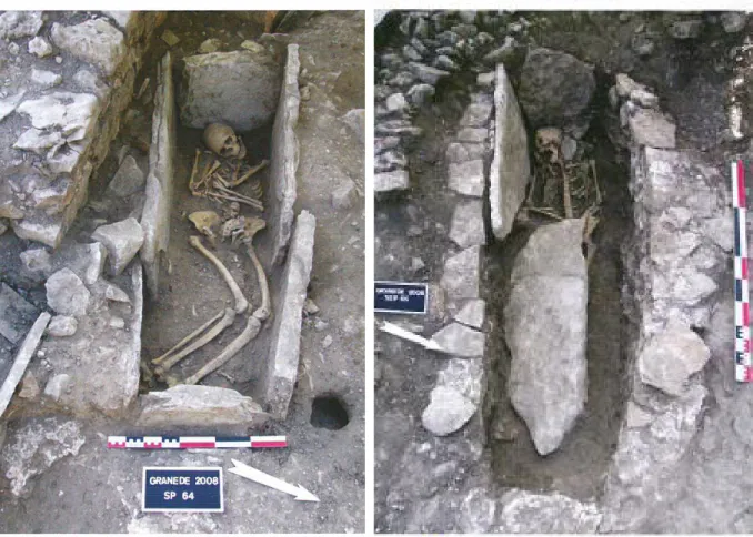 Figure 21 : Sépulture 64 en coffre de dalles de calcaire contenant le sujet 50 (à gauche) et sépulture 65 naviforme contenant  l’individu 46 à droite (d’après Saint-Pierre, 2013)