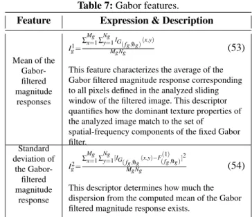 Table 7: Gabor features.