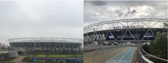 Figure 3: London Stadium in January 2016 while still searching for a permanent tenant (left), and in July 2018 as  home to West Ham United of the English Premiere League (right)
