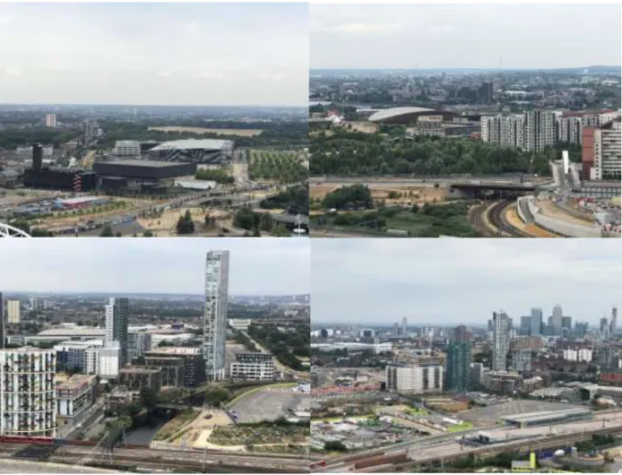 Figure 5: The Copper Box Arena and Here East (upper left) and VeloPark and East Village (right) represent  adaptive reuse of facilities, while new construction after the Games is ongoing in Stratford (lower left and right)