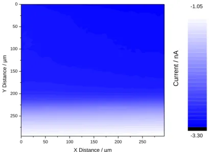 Fig.  7.  SECM  FB  image  (v x,y   =  25  µm/s,  5  mM  Ru(NH 3 ) 6 Cl 3   /  0.1  M  K 2 SO 4 )  of  a  NiTi-Ta-C 12 P  surface
