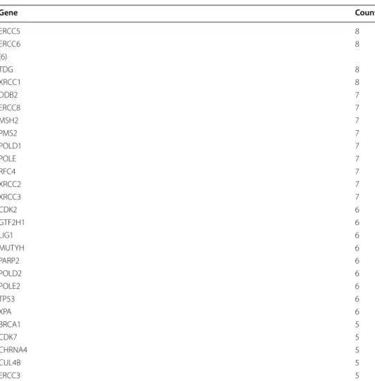 Table 5  (continued) Gene Count ERCC5 8 ERCC6 8 (6) TDG 8 XRCC1 8 DDB2 7 ERCC8 7 MSH2 7 PMS2 7 POLD1 7 POLE 7 RFC4 7 XRCC2 7 XRCC3 7 CDK2 6 GTF2H1 6 LIG1 6 MUTYH 6 PARP2 6 POLD2 6 POLE2 6 TP53 6 XPA 6 BRCA1 5 CDK7 5 CHRNA4 5 CUL4B 5 ERCC3 5