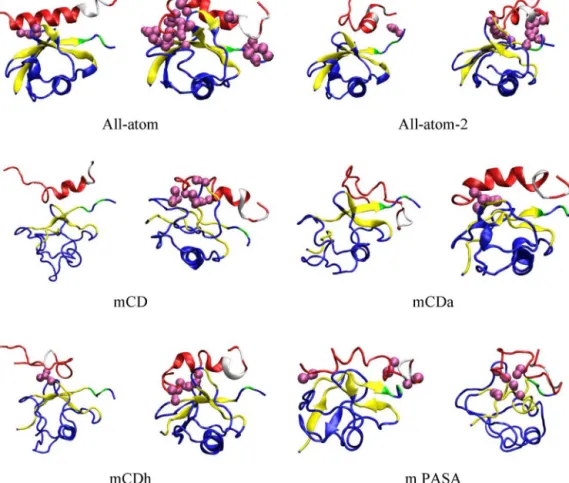 Fig. 5. Final snapshots of the protein complex Vp27 UIM-1 (red)–Ubiquitin (blue) obtained from the last 20 ns Amber99SB-based MD trajectories in water (left) and in vacuum (right) at 300 K, as generated using the All-atom, All-atom-2, mCD, mCDa, mCDh, and 