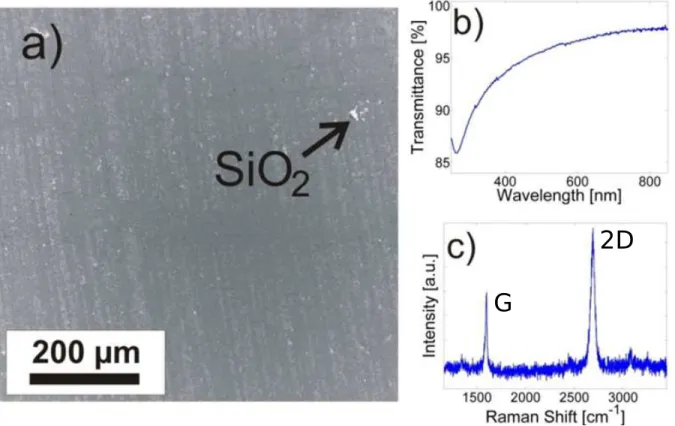 FIG. 2: (a) SEM picture of a graphene layer transferred from copper foil to a silica substrate