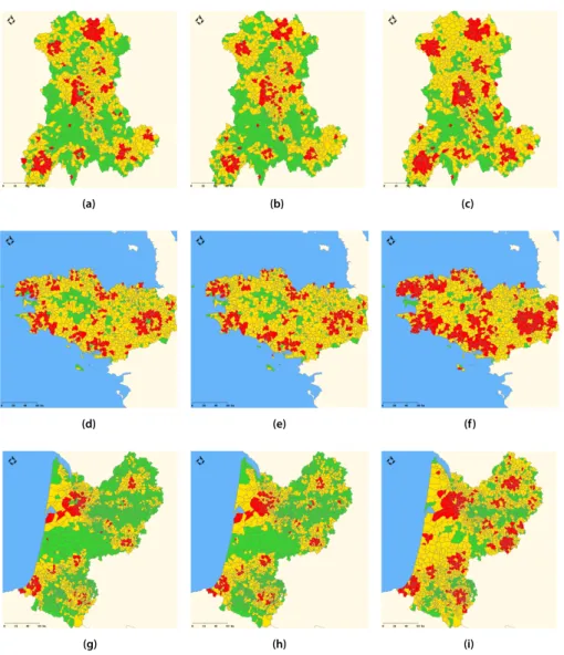 Figure 4: Maps of the average CPC by municipalities obtained with 10 replications. In green, CPC ≤ 0.5; in yellow, 0.5 < CPC