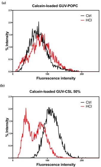 Figure 2. Overall calcein fluorescence intensity in GUVs before and after acidification (pH 6.8 and  4.8)