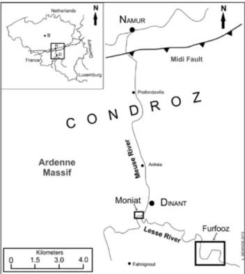 Figure 1. Localization of the studied area: the Meuse and Lesse valleys in  the Ardenne massif
