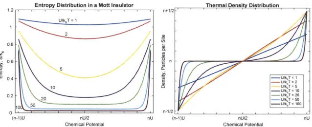 Figure  2-7:  Finite  temperature  entropy  and density distribution  of the  Mott  insulator in  the  atomic  limit,  t  ~  0