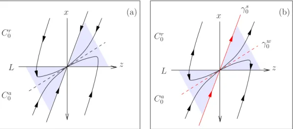 Figure 4: (a) The desingularized slow flow (3.10) is sketched for some µ > 0 with a stable node at the origin