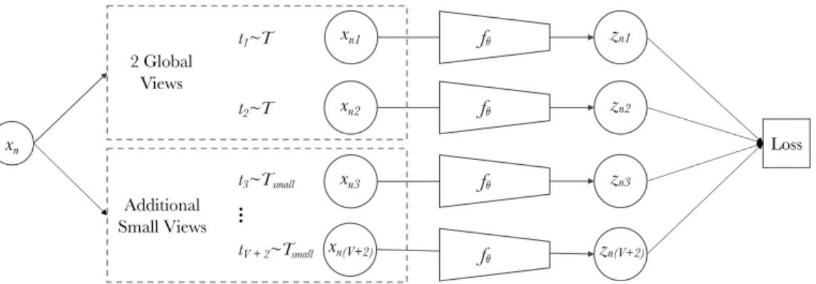 Figure 5: Multi-crop: the image x n is transformed into V + 2 views: two global views and V small resolution zoomed views.